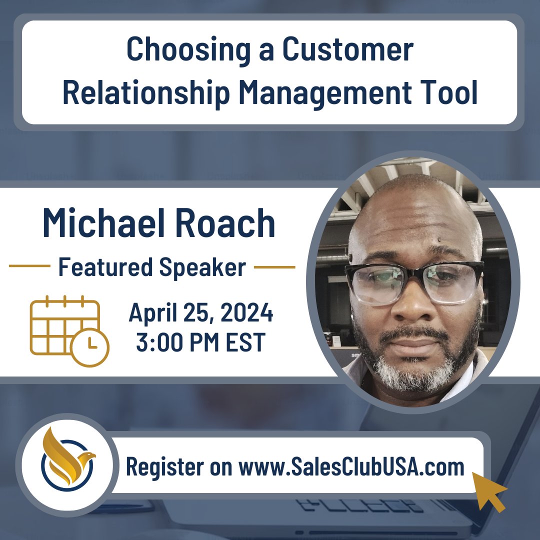 Attend this webinar with marketing strategist, Michael Roach (<a href="/mr0ach/">Michael Roach</a>) on Thursday, April 25th.

He will discuss the benefits of customer relationship management (CRM) software and choosing one to fit your business needs.
eventbrite.com/e/choosing-a-c…

#CRM #sales