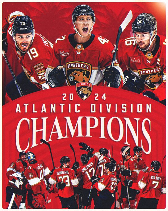 Graphic celebrating winning the Atlantic Division.
Red background. In the center in white font: “2024 ATLANTIC DIVISION CHAMPIONS”

The top half of the graphic includes player cutouts, from left to right, Matthew Tkachuk, Gustav Forsling and Aleksander Barkov.

Along the bottom are player cutouts of Sergei Bobrovsky and Anthony Stolarz hugging; Carter Verhaeghe, Jonah Gadjovich, Niko Mikkola, Evan Rodrigues, Kevin Stenlund, Oliver Ekman-Larsson, and Dmitry Kulikov celebrate.