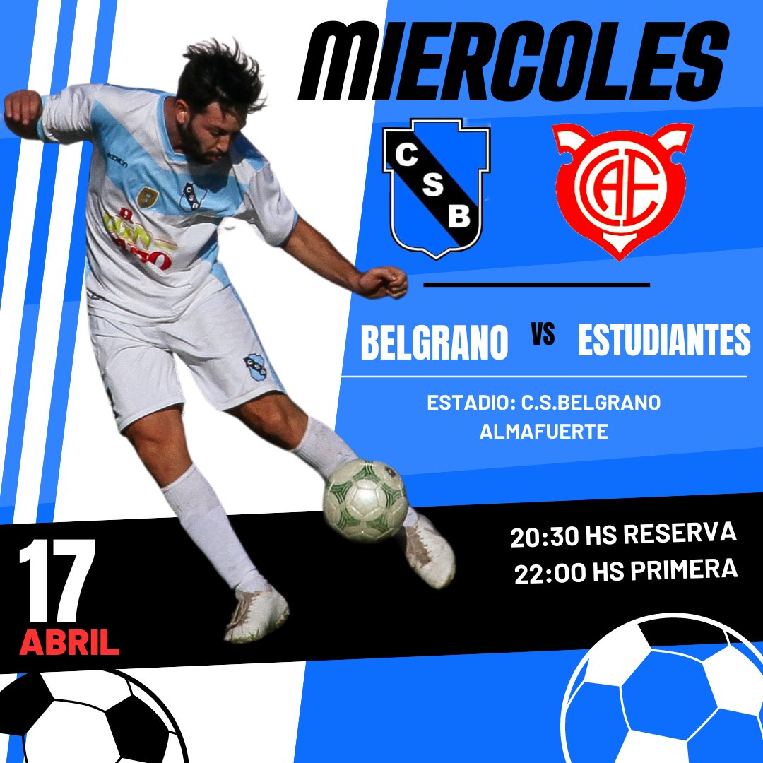 CSBelgrano's tweet photo. Vuelve el Futbol, paro la lluvia 🤞🏾
#6Fecha de LOCAL. 👕
MIERCOLES DE FUTBOL;
17 de abril jugamos de LOCAL vs @estudiantesdehernando_
por la sexta fecha del torneo Apertura 2024.
HORARIOS: ⚽
20:30hs Reserva
22:00hs Primera
Acompaña al celeste 💙
🏟C.S.Belgrano https://t.co/Wuddr1HQ3z