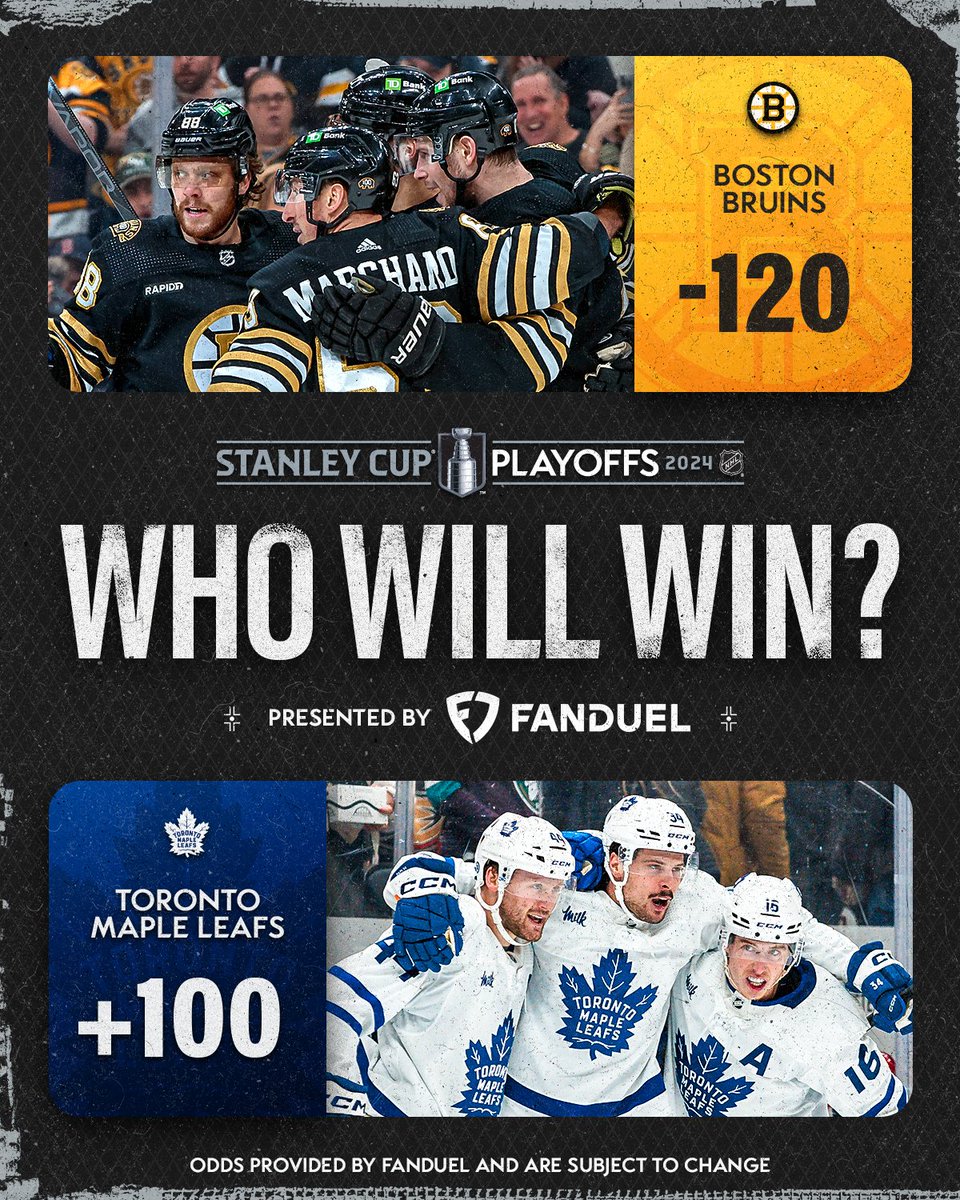 NHL's tweet photo. CONFIRMED ✅ 

The @NHLBruins and the @MapleLeafs will renew their #StanleyCup Playoffs rivalry in the First Round!

Presented by @FDSportsbook https://t.co/okgM5qe5ID