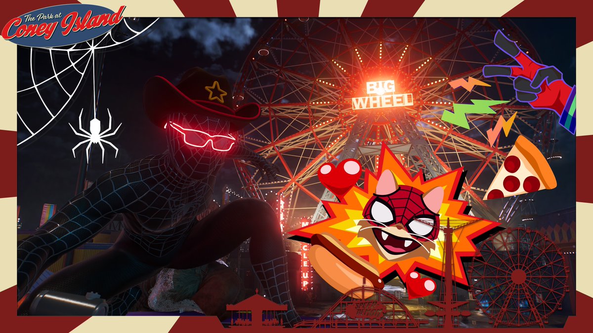 I love how during this mission, I can still keep the hat and glasses on Spider-Man! 😂 #SpiderMan2PS5 #InsomGamesCommunity #PS5Share, #MarvelsSpiderMan2 #PS5 #Spiderman #InsomGamesCommunity #BeGreaterTogether #comics  #ConeyIsland #SpiderCat #silly #neon