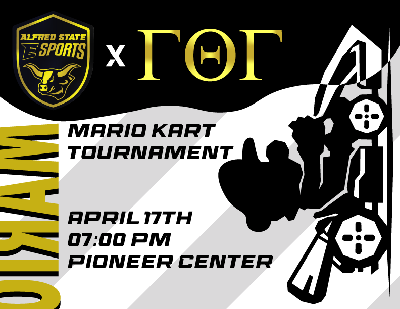 Start your engines🏁
Today starting at 7, we will be hosting a Mario Kart Tourney in collaboration with Gamma Theta Gamma!