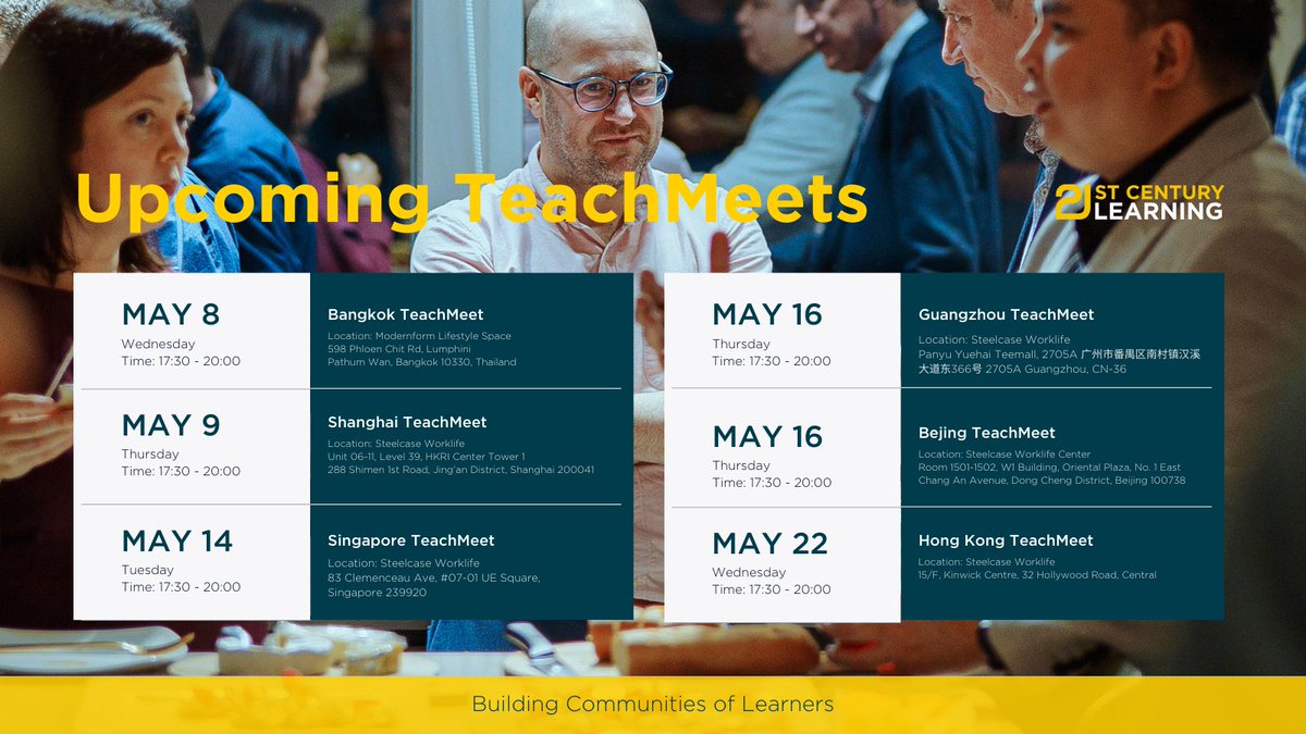 Save the date! Join a #21CLTeachMeet this May happening near you. Be part of a community of educators to build connections, share and learn from each other. Sign up now! zurl.co/xUNa #LearningCommunity #EducatorsConnect #EdLeaders #PD