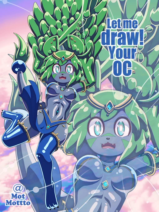 SkebにてケモハーピィのOCちゃんを描かせて頂きました!光沢のある描写で描いてみましたがこんなハイライトの入れ方も楽しい!大空を自由落下するシーンを描かせて頂きました! 