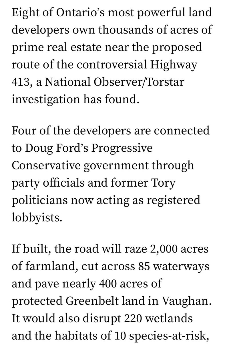 Hwy 413 is possibly the most blatantly corrupt political act in Ontario in my lifetime. I can’t think of anything worse. And corruption is obvious. It will destroy vital agricultural land, and achieve nothing of value for Ontarians. Disgusting. nationalobserver.com/2021/04/03/inv…