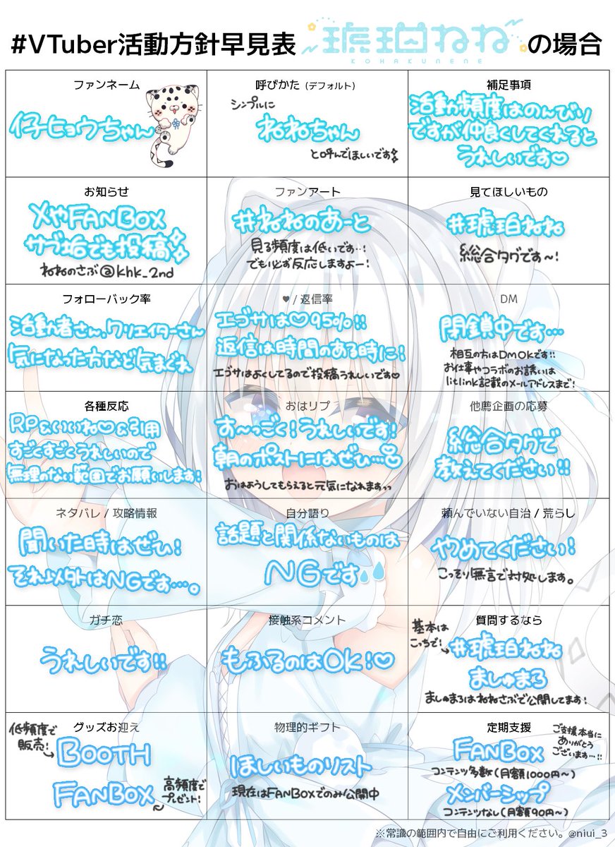 kohaku_nene's tweet photo. ⸜ #VTuber活動方針早見表 ⸝

これで少しでもねねのこと知ってもらえると嬉しいなあ..🩵

🔗詳しくはこちらまで ⊹꙳
https://t.co/ywjs9RhALT https://t.co/Fw3MnI7MYg