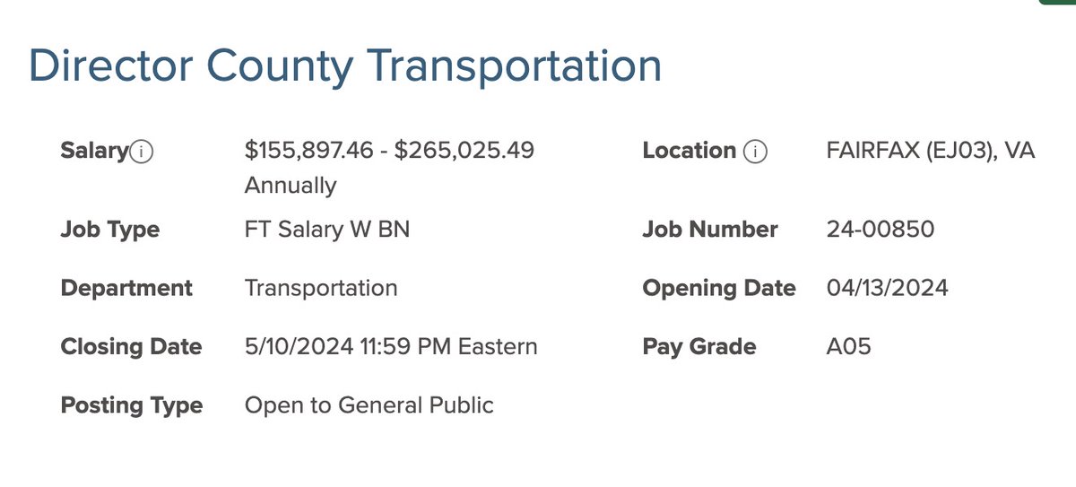 Fairfax County VA is huge, progressive, and looking for a new Transportation Director to manage the department's 190 employees and $1.13B budget. Could it be you. Don't apply unless you believe that walking and biking are the future: governmentjobs.com/careers/fairfa…