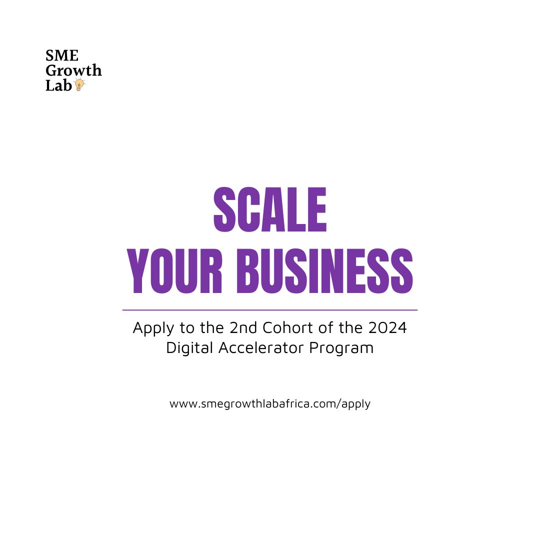 Application to join the second cohort of this year is still OPEN! Our program modules include: selling techniques, marketing strategies, financial literacy and management, and legal counselling. SCALE YOUR BUSINESS IN 2024. Apply: smegrowthlabafrica.com/apply
