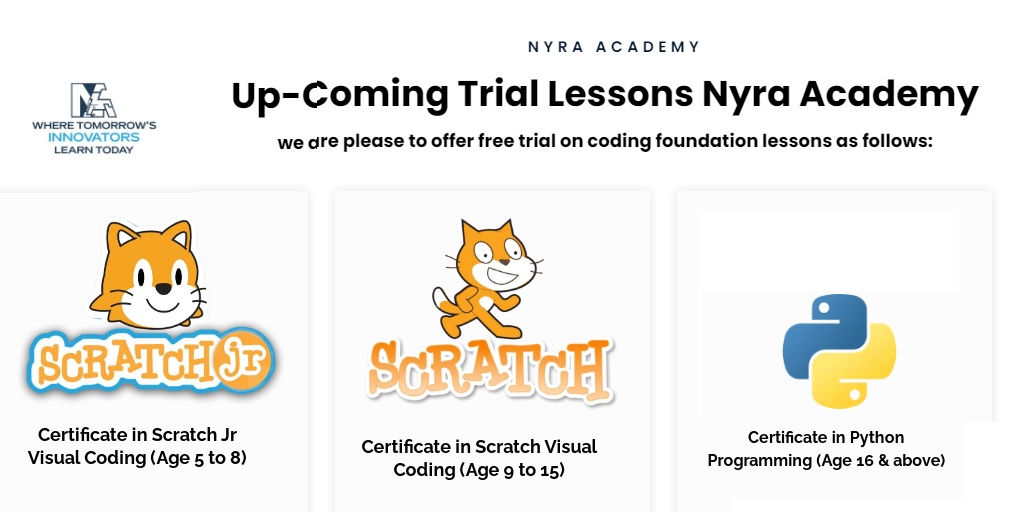 NAcademysg's tweet image. NYRA Academy proudly offers a diverse range of coding and robotics programs tailored specifically for children and youths. Trial Classes are absolutely FREE!! Ct: +65 9380 2097
Book today: nyra.edu.sg/trial-lessons/
#scratchcoding #visualcoding #kidscodingcourse #roboticsclasses