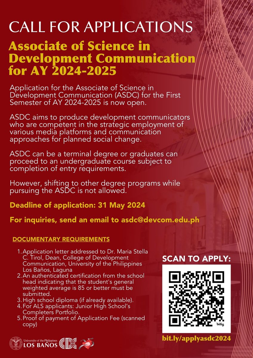 Application for the Associate of Science in Development Communication (ASDC) for the First Semester of AY 2024-2025 is now open! Accomplish this form to apply: bit.ly/applyasdc2024