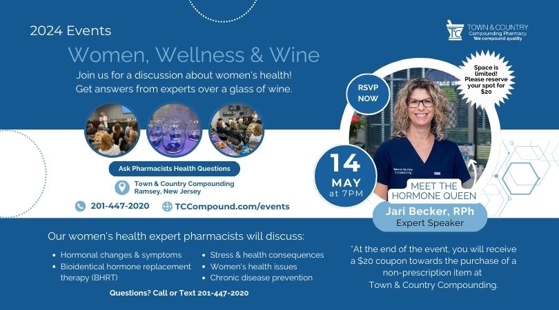 Our Women, Wellness & Wine Event returns this May 14th! Reserve your spot bit.ly/48NRCum 

#NJEvents #Menopause #Hormones #SexualHealth #WomensHealth #BHRT #CompoundingPharmacy #TCCompound #RamseyNJ #BergenCounty #BergenCountyMoms #BergenCountyBusiness #WeCompoundQuality