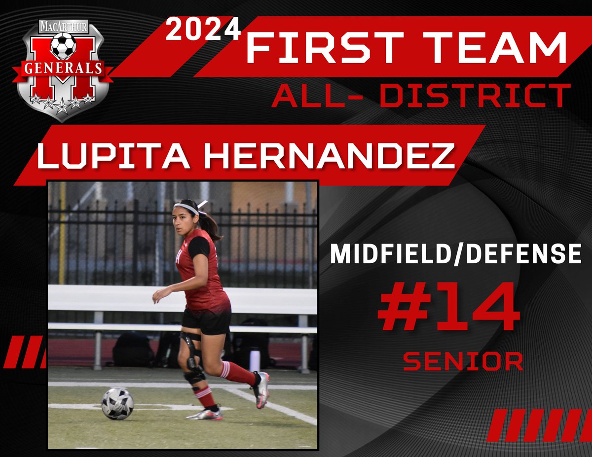 Congratulations 🎉to Senior Lupita Hernandez for earning First Team All-District. Her leadership on and off the field greatly contributed to our season's success.⚽️❤️ @MacArthur_AISD @MacGenAthletics @Athletics_AISD #MPND