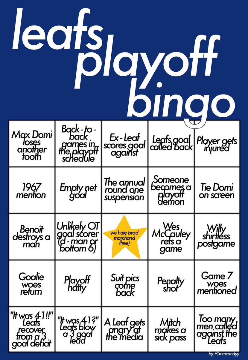 mmirandyy's tweet photo. okay y'all, i couldn't stand to watch us lose so i made a leafs playoff bingo as a distraction. bookmark it. save it. use it. we are going in DEEP MY FRIENDS.

leafs versus boston begins this weekend and i am NOT READY but we are HERE FOR IT. https://t.co/1Zv8r6OOTI