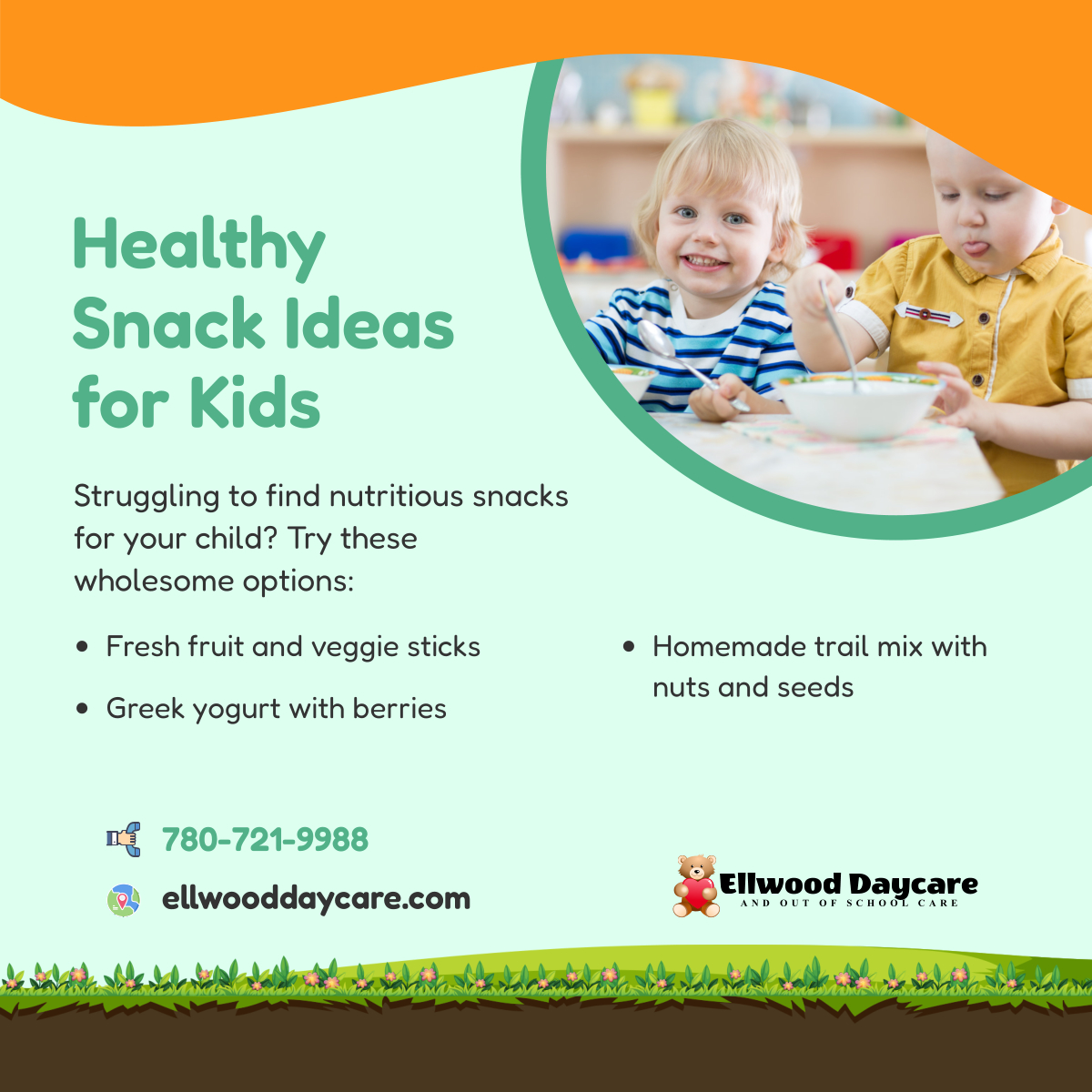 Keep your little ones fueled and satisfied with these delicious and nutritious snack ideas. Say goodbye to junk food cravings and hello to healthy habits! 

#DayCare #KidsSnacks #EdmontonAB