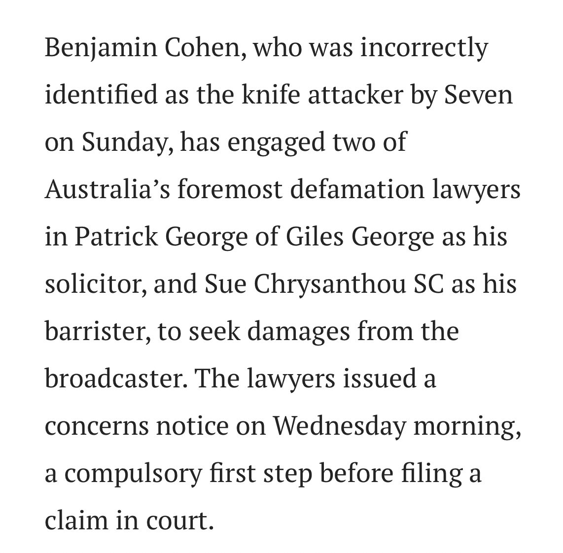 Ben Cohen has engaged Sue Chrysanthou SC, the single best barrister in Australia for defamation 

They have served a concerns notice on Channel Seven

Please @markc make sure to add Aussie Cossack and Syrian Girl as they started and propagates the disgusting anti-Semitic lie!