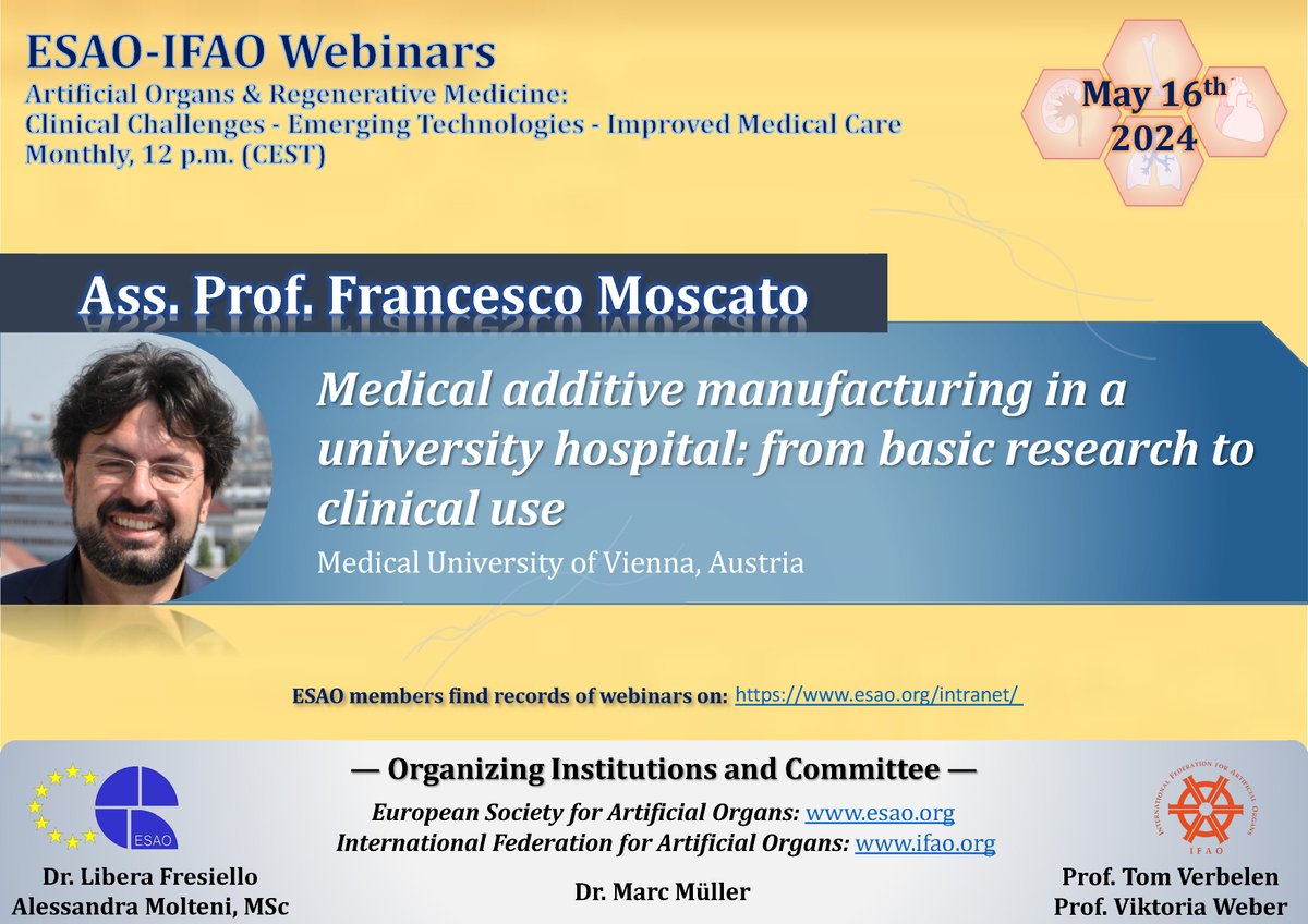 Register for the next ESAO-IFAO #Webinar on May 16th 2024, 12:00 PM CET about '#Medical additive manufacturing in a #University hospital: from basic research to #ClinicalUse' with Dr. Francesco Moscato 👉donau-uni.zoom.us/webinar/regist…
