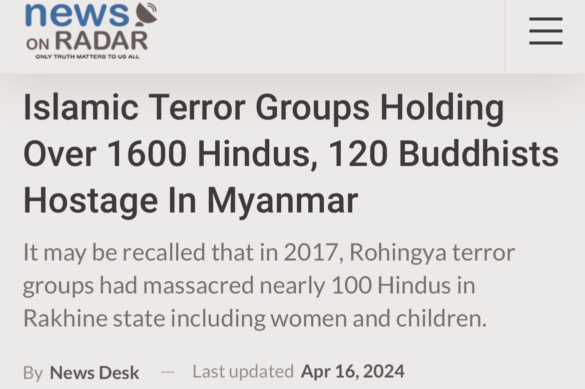 Myanmar Rohingyas groups have held 100s of Hindu & Baudha hostages in thr Rekhine region. Mmr military regime provided arms to R trrst orgs. Just few years back ARSA trrsts massacred 99 Hindus. This is story shouldn't be forget while keeping illegal infiltration in mind. 1/