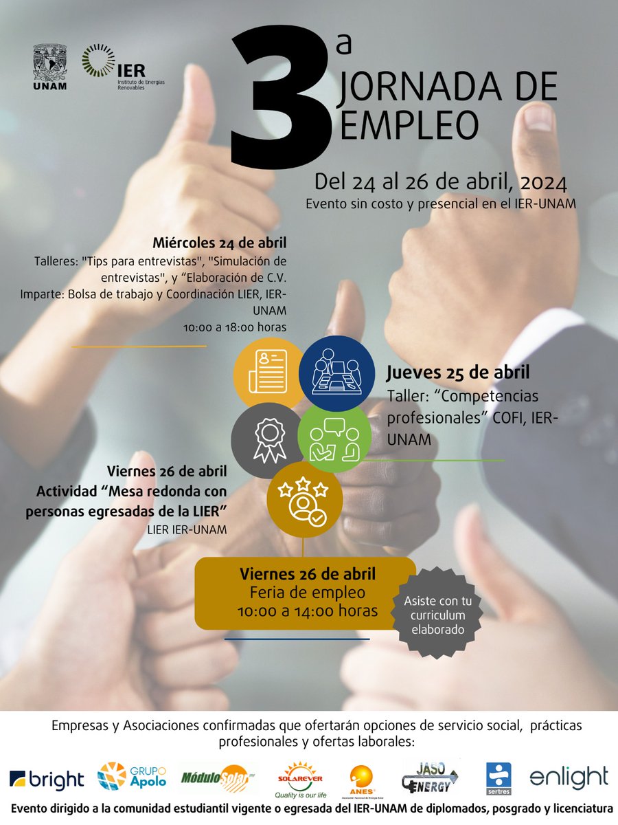 Conoce a las empresas que estarán en la 3a Jornada de Empleo 💼 y con las cuáles podrás vincularte: 🔹@joinbright 🔸Grupo Apolo 🔹@Modulo_Solar 🔸@Solarever 🔹@anes_oficial 🔸Jaso Energy 🔹@Sertes 🔸 @Enlightmx ➡️ Evento dirigido a la #ComunidadIER activa o egresada