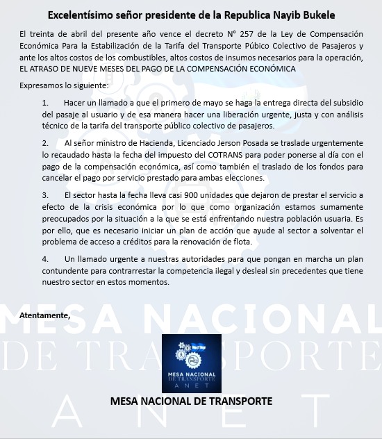 #ElSalvador | La Mesa Nacional de Transporte hace un llamado al Gobierno por el atraso de 9 meses del pago de la compensación económica. Foto: cortesía