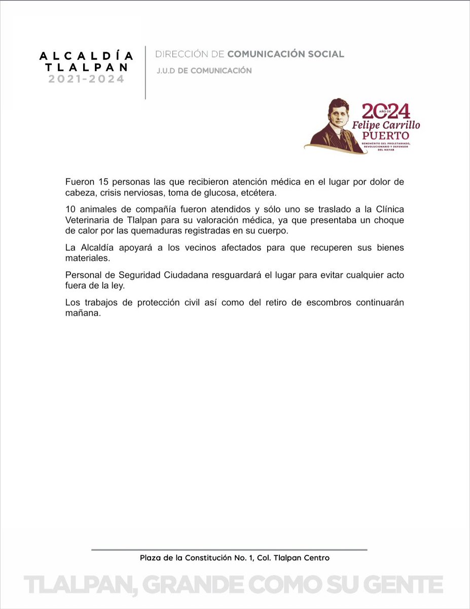 #Actualización | Compartimos tarjeta informativa al corte de la 20:00 hrs. para comunicar las acciones que realizamos en la Alcaldía #Tlalpan respecto a la explosión de esta mañana en la colonia Miguel Hidalgo 3ª sección.