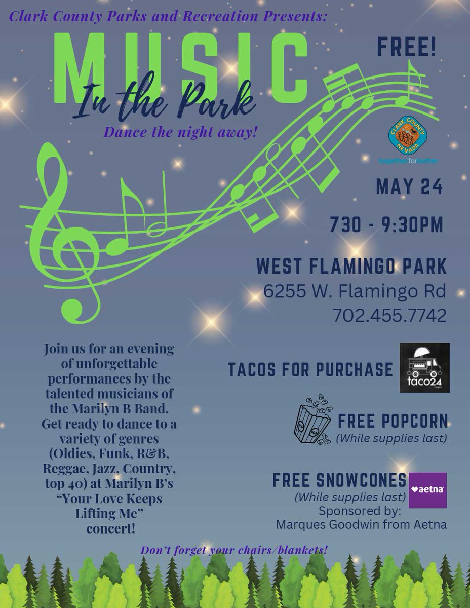 Join us for an evening of unforgettable performances by the talented musicians of the Marilyn B Band on May 24 from 7:30-9:30pm at West Flamingo Park. Get ready to dance to a variety of genres at Marilyn B’s “Your Love Keeps Lifting Me” concert! Don’t forget your chairs/blankets!