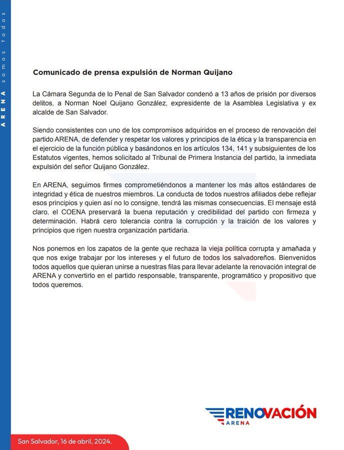 #ElSalvador | ARENA hace pública la expulsión de Norman Quijano, ex presidente de la Asamblea Legislativa y ex alcalde de San Salvador por el partido de derecha. Foto: cortesía 👉bit.ly/3UjMDNp