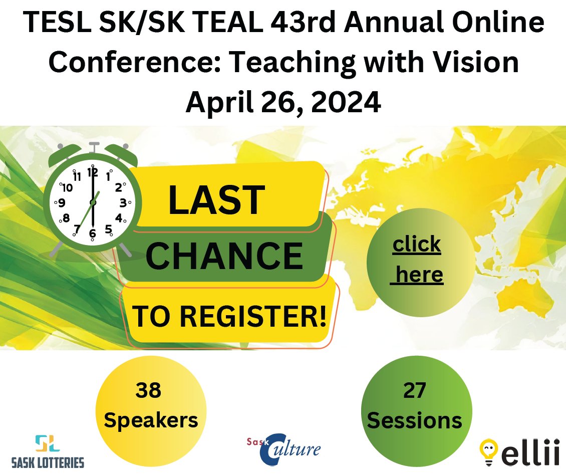 There is still time to register for our annual TESL SK/SK TEAL Online Conference "Teaching with Vision" on April 26, 2024. We have an amazing lineup of speakers joining us from across Canada and other countries. Check out our website for more information: site.pheedloop.com/event/EVEJEVDQ…