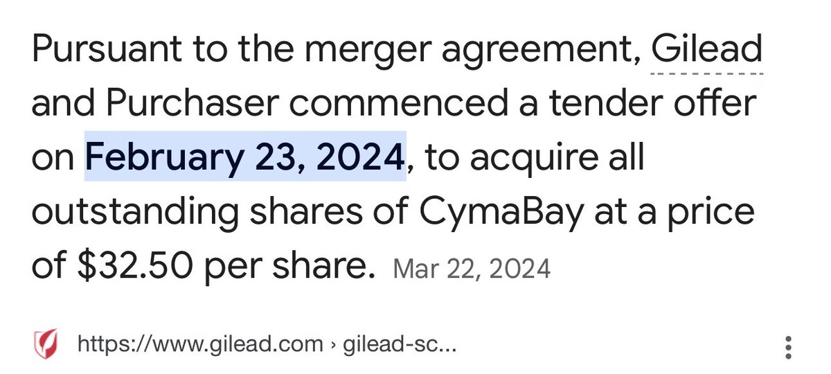 ✅🚫✅🚫✅🚫✅🚫✅
CymaBay Cash Merger/Buyout

Pursuant to the merger agreement,

Gileadand Purchaser commenced a tender offer on February 23, 2024

to acquire all outstanding shares of CymaBay at a price of $32.50 per share.

#BBBY #BBBYQ $BBBY $BBBYQ
Repost Re-X

🧵 THREAD 🧵