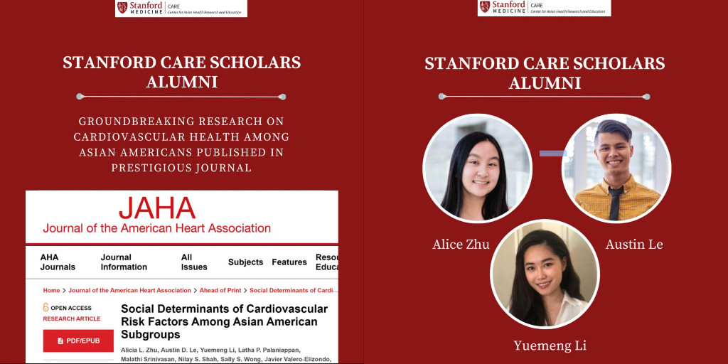 Proud moment for <a href="/StanfordCAREs/">Stanford CARE</a> as alumni Alicia Zhu, Austin Le, &amp; Yuemeng Li's research hits the spotlight! Their work in the <a href="/JAHA_AHA/">JAHA</a> sheds light on #Cardiovascular Risk Factors in #AsianAmerican communities. bit.ly/49BusHJ