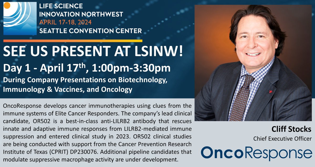 #OncoResponse CEO <a href="/CliffordStocks/">Clifford Stocks</a> will be giving a company presentation at <a href="/LifeScienceWA/">Life Science WA</a>'s Life Science Innovation Northwest 2024 in Seattle this week
#EliteCancerResponders #LSINW24