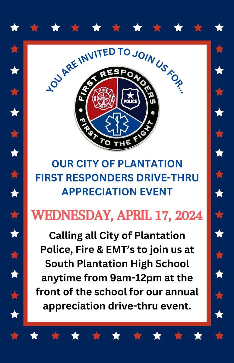 Calling all City of Plantation First Responders…. Next week on Wednesday, 4/17 at South Plantation Our SGA is hosting our annual First Responder drive-thru appreciation event from 9am-12pm at SPHS in front of the school.
Cookies, Jeremiah’s ice, snacks, &amp; more!
👩‍🚒 👮‍♀️ 🆘 🚨 💜💛
