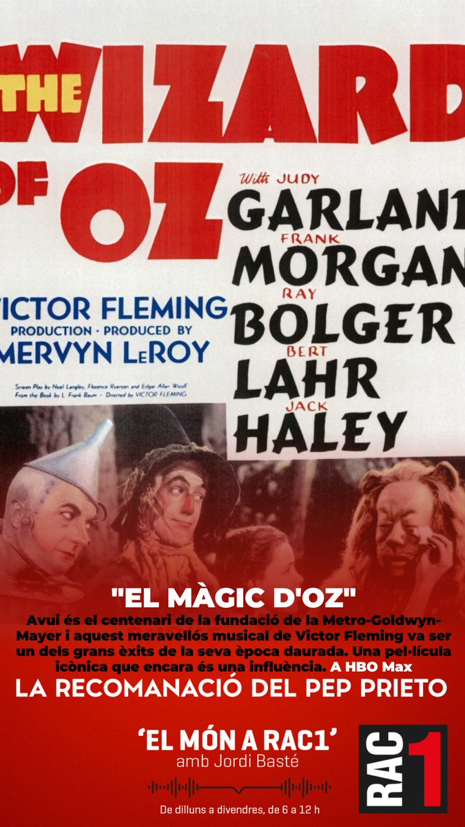 La meva recomanació a@elmonarac1: 'El Màgic d'Oz'. Avui és el centenari de la fundació de la Metro-Goldwyn-Mayer i aquest meravellós musical de Victor Fleming va ser un dels grans èxits de la seva època daurada. Una pel·lícula icònica que encara és una influència. A HBO Max