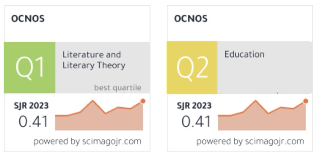 Buenas noticias desde @ScimagoJR Ocnos se consolida como revista Q1 en Literatura y asciende al Q2 en Educación en #SJR2023 Gracias a todos los que habéis contribuido a hacerlo posible. Seguiremos trabajando por y para la publicación científica de calidad en #OA #opensource