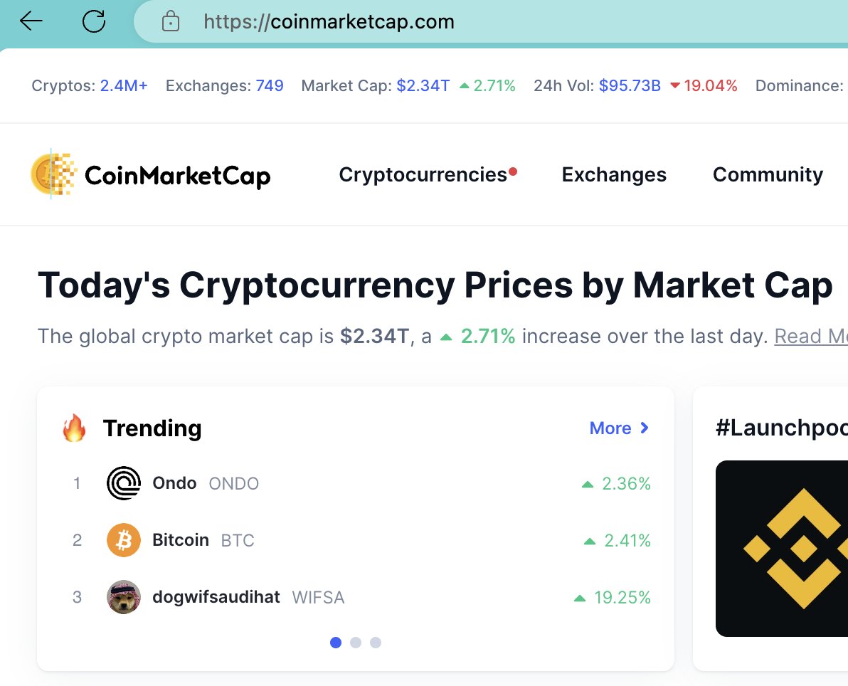 #dogwifsaudihat is top 3 trending on #CoinMarketCap 🔥 

That's extremely bullish! 🚀

Some of you may already know what gigantic things are coming soon for $WIFSA ✅😎😏

#WIFSA $WIF #WIF $ETH $BTC $DOGE $SHIB $PEPE $FLOKI