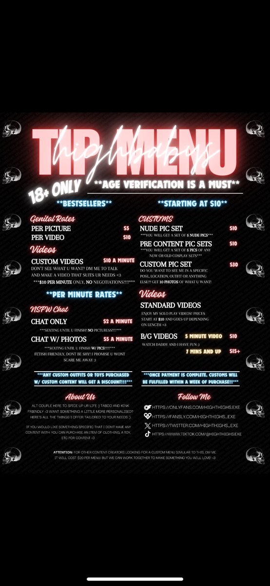 highthighs_exe's tweet photo. Updated pinned!! 

F21- M27🖤 (18+MDNI!!)

She/her- he/him🫶🏻

Switch-switch/dom leaning 😈

Canadian 🇨🇦

Kink/taboo friendly 👅

Dms open to mutuals + buyers 💋

Wishtender/OF/Fansly PAYMENTS ONLY🔗👇🏻 https://t.co/FlcHeLRaN6