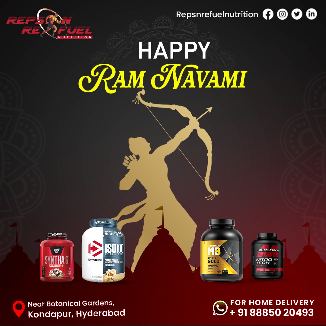 🏹 Happy Shri Rama Navami! 🌟 May the divine blessings of Lord Rama fill your life with joy, prosperity, good health, and peace.

#shriramanavami #ram #jaishriram #ramnavami2024 #RepsnRefuel #nutritionstore #hyderabad #kondapur #jublieehills