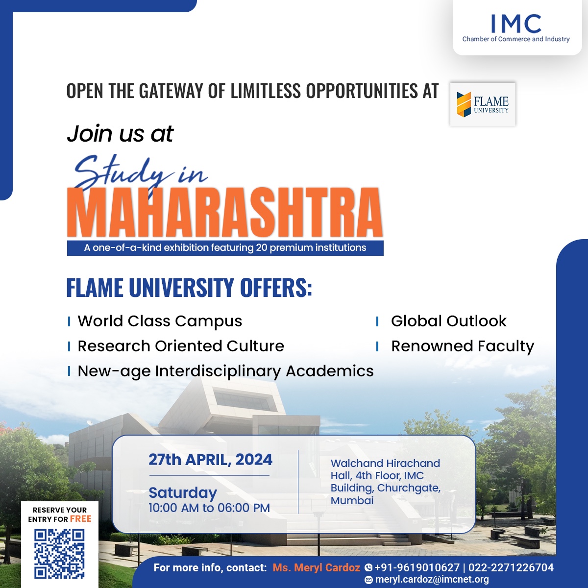 Join us at the Study in Maharashtra Exhibition and engage with @FLAMEUniversity - your gateway to limitless opportunities! 🗓️ Date: 27th April, 2024 (Saturday) 🕰️ Time: 10:00 AM - 06:00 PM 📍 Venue: Walchand Hirachand Hall, 4th Floor, IMC Building, Churchgate, Mumbai Register