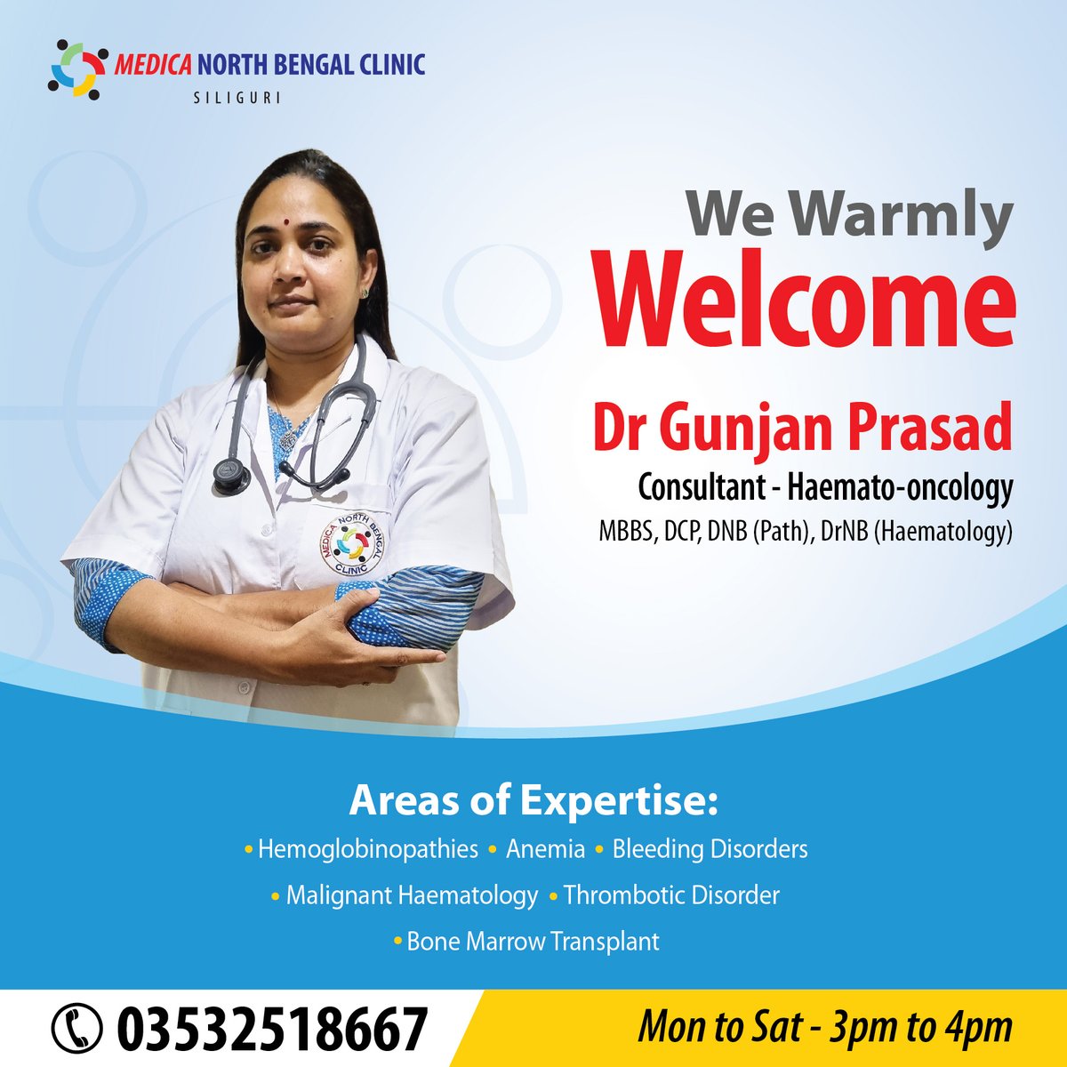 We extend a warm #welcome to Dr. Gunjan Prasad, Consultant (Haemato-oncology), at Medica North Bengal Clinic.
To know more or Book an Appointment, visit: bit.ly/4cXEMwq

#medica #medicahospital #hematology #oncology #hematologist #anemia #healthylife #livehealthy