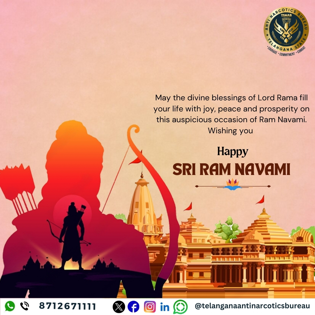 May the divine blessings of Lord Rama fill your life with joy, peace and prosperity on this auspicious occasion of Ram Navami. Wishing you #HappySriRamaNavami #ramnavami #RamNavami2024 @TelanganaDGP @narcoticsbureau @CVAnandIPS @hydcitypolice @RachakondaCop #drugfreetelangana