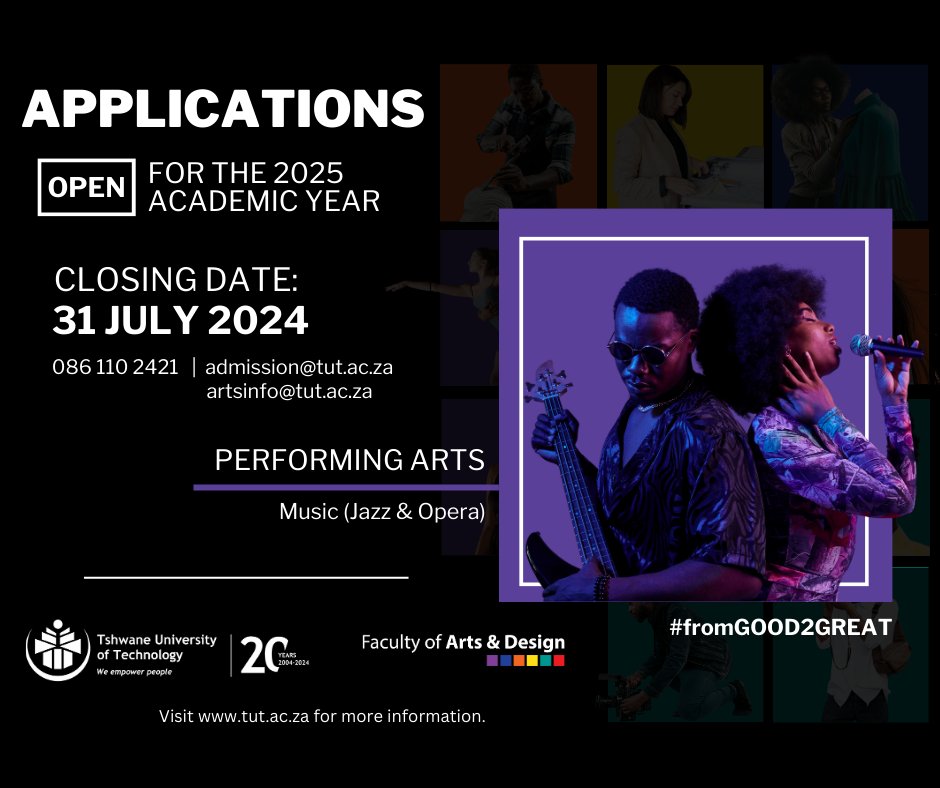 Official_TUT's tweet photo. Hey TUT Fam! Dreaming of a career where you can share your love of music with the world? Look no further! Applications are open for our Performing Arts: Music (Jazz & Opera) programme at TUTโs Faculty of Arts & Design. #MusicMastery #ApplyNow https://t.co/8CAgTyDGdS
