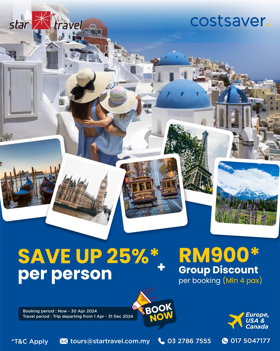 Get up to 25% off flights to Europe, USA & Canada. Also, enjoy a group saving of RM900* per reservation when booking for 4 or more people.
 
#startravelkl #travelsale
 
📩 tours@startravel.com.my
☎ 03-27867555
📱 017-5047177
🌐 startravel.com.my
*T&Cs apply.