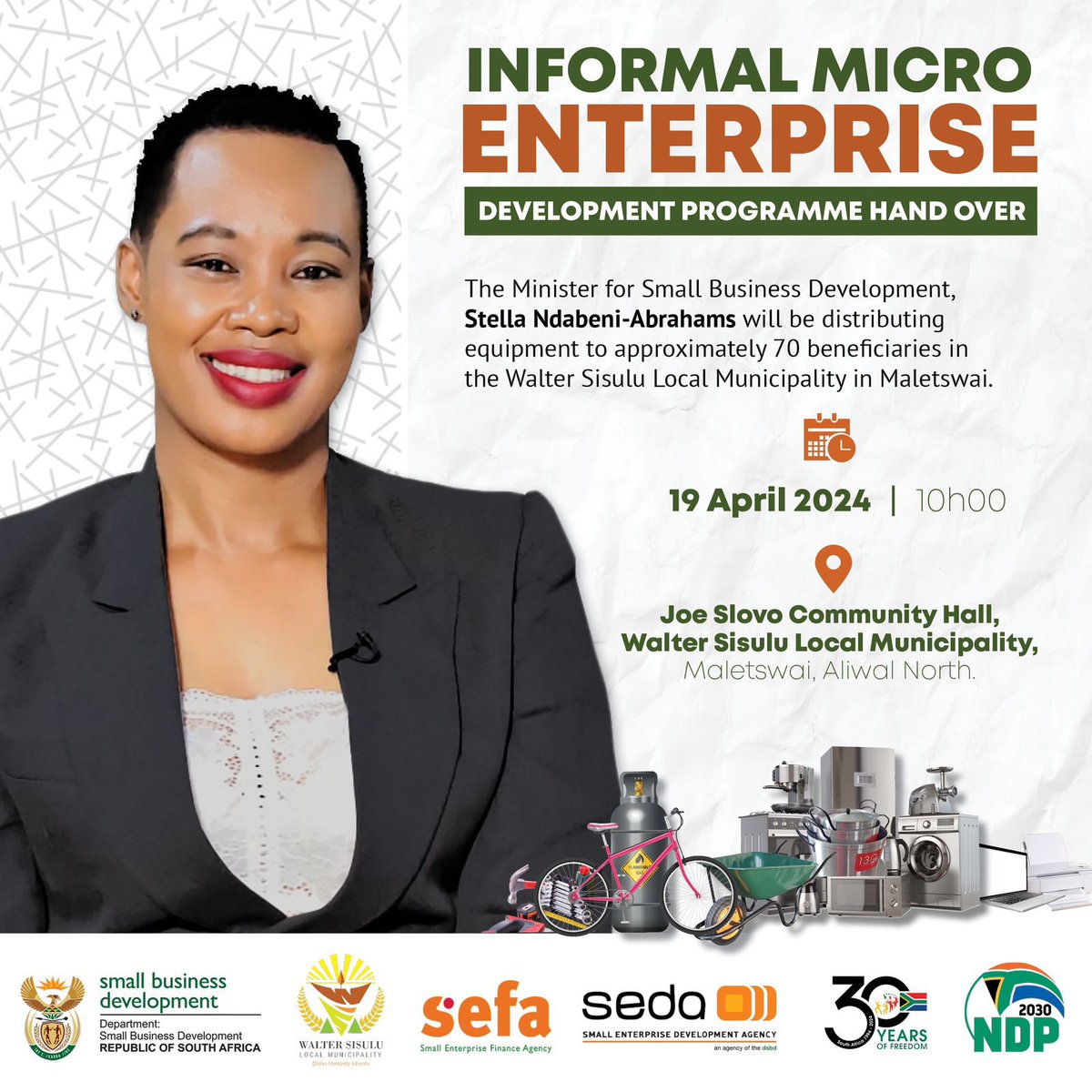 DSBD_SA's tweet image. Minister for Small Business Development, Ms Stella Ndabeni-Abrahams will be distributing equipment to approximately 70 beneficiaries in the Walter Sisulu Local Municipality in Maletswai.
#IMEDP #DsbdUpliftingInformalSMMEs #smmedevelopment