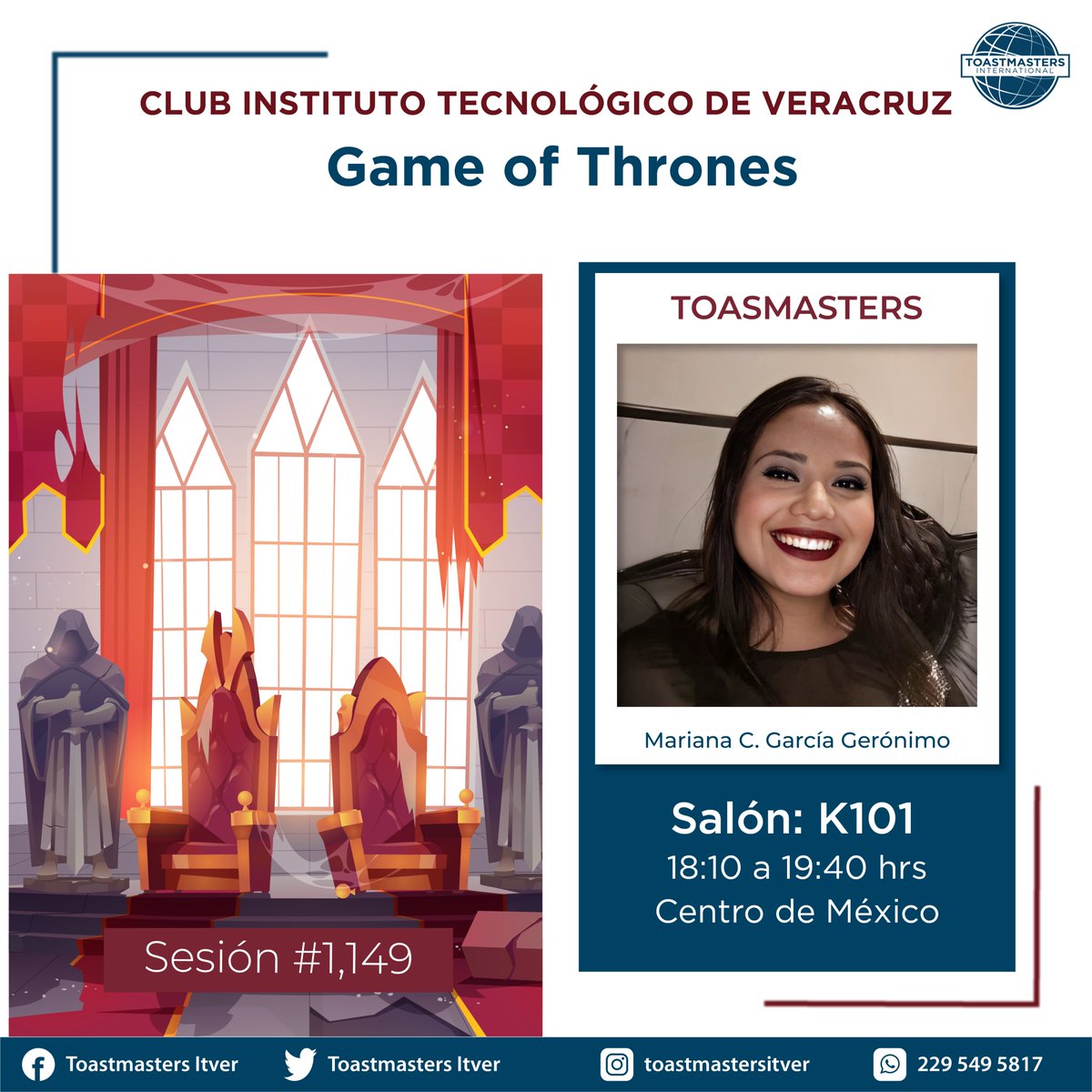ToastmastersITV's tweet photo. Te invitamos a conocer mas sobre "Game of Thrones", en nuestra sesión #Toastmasters del Miércoles 17 de Abril a partir de las 18:10 horas (hora CDMX) por Zoom, con nuestro Toastmaster de la tarde Marian C. García Gerónimo. https://t.co/J6GNtVcNvP