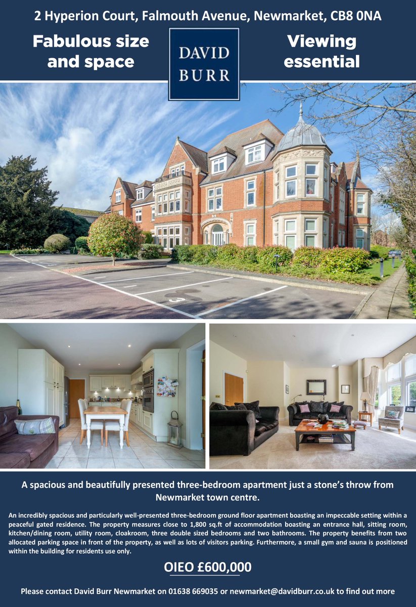 🏠 Are you looking for a spacious &amp; beautifully presented 3 bedroom apartment just a stone’s throw from <a href="/Tattersalls1766/">Tattersalls</a>❓

✅ Fabulous size &amp; space
✅ Viewing essential
✅ Gym &amp; sauna in the building for residents use only

For more information visit ⬇️
davidburr.co.uk/property/newma…
