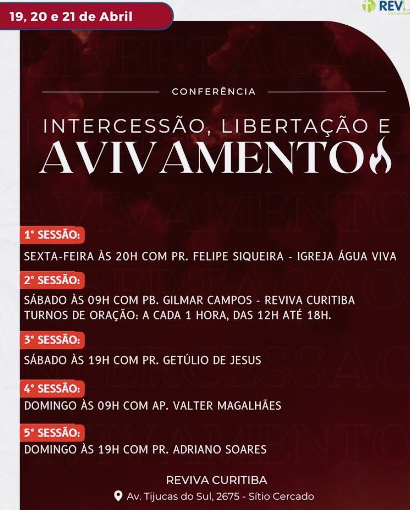 eusousiqueiraa's tweet photo. Nesta Sexta-feira (19/04/24) estaremos na conferência de intercessão da Comunidade Cristã Reviva junto com meu amigo Pr. Adriano Soares, creio que será um tempo precioso da parte do Senhor para nós! 🤍🕊️🔥 https://t.co/pRl7lXhpKX