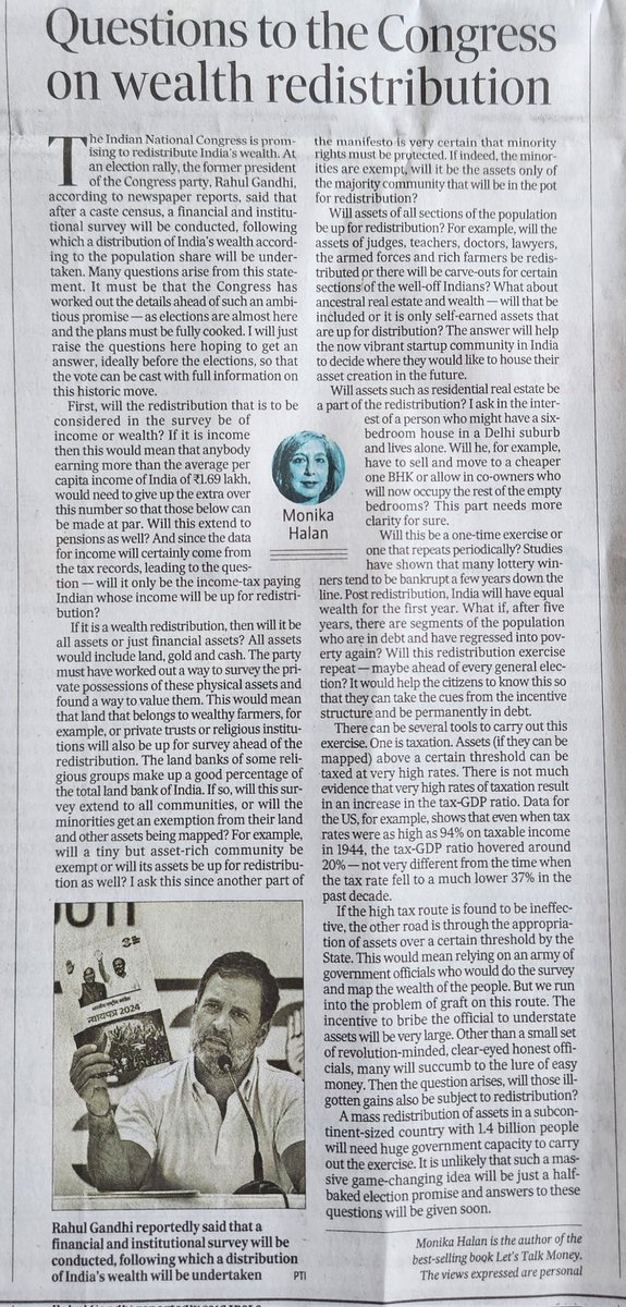 The @INCIndia wants to redistribute India's wealth. I have some questions. Will this: * be one time or before every election? * exempt minorities? * apply to govt employees, judiciary, defence, teachers, rich farmers? #justasking My oped in @htTweets hindustantimes.com/opinion/questi…