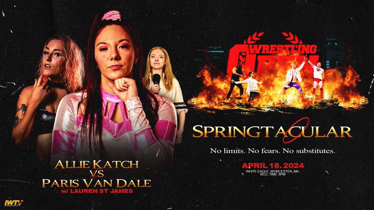 OFFICIAL: Paris Van Dale wants to step up her game against Allie Katch! Can she get it done on Thursday at Springtacular with her personal ring announcer by her side? ALLIE 🆚 PARIS 📺: @indiewrestling 🎟️: $10 at the door Advanced 🎟️: shopiwtv.com/collections/wr… #WrestlingOpen