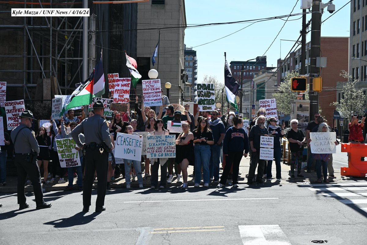 Pro-Palestinian protesters outside of U.S. President Joe Biden's campaign event in Scranton, Pennsylvania on April 16, 2024. Pro-Palestinian protesters chanted outside of U.S. President Joe Biden's campaign event in Scranton, Pennsylvania Tuesday afternoon on the civilians being