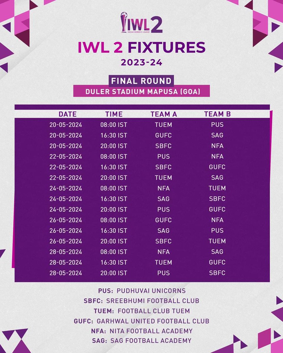 IWL-2 Fixtures - Final Round will start from 20th May at Duler Stadium, Goa. 
#IWL2 #womensfootball #IndianFootball