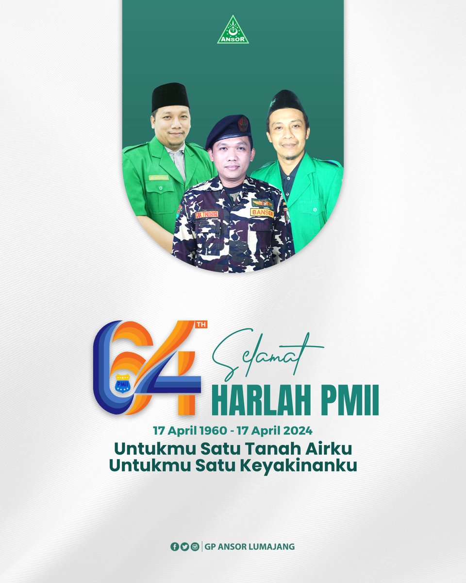 • • • Selamat Harlah Pergerakan Mahasiswa Islam Indonesia (PMII) yang ke 64. 'Untukmu Satu Tanah Airku, Untukmu Satu Keyakinanku' @Official_Ansor @pwansorjatim @syafiq_syauqi @Adinjauharudin #ansor #SpiritSahabatAnsorLumajang #HarlahPMII64